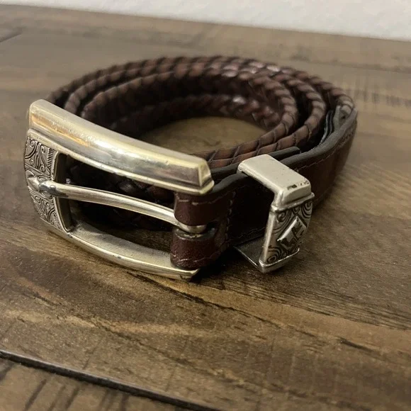 BRIGHTON Brown Leather Braided Belt Q2108 Silver Buckle & Conchos Size S/28 - Picture 1 of 5